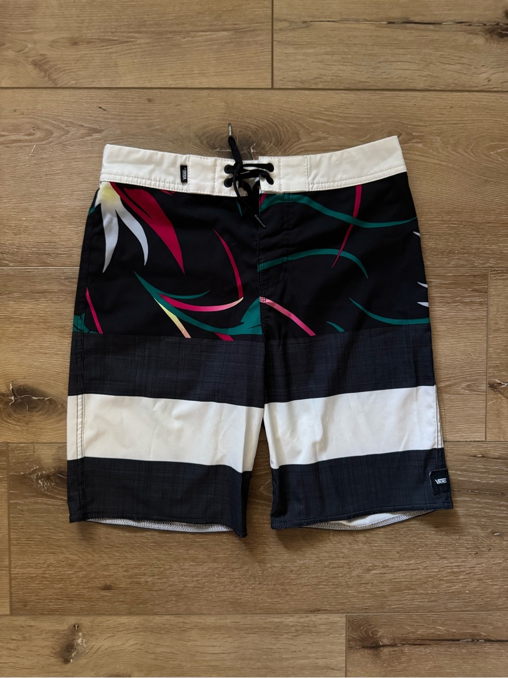 Vans Black Boardshorts with White Stripes and Floral Accents